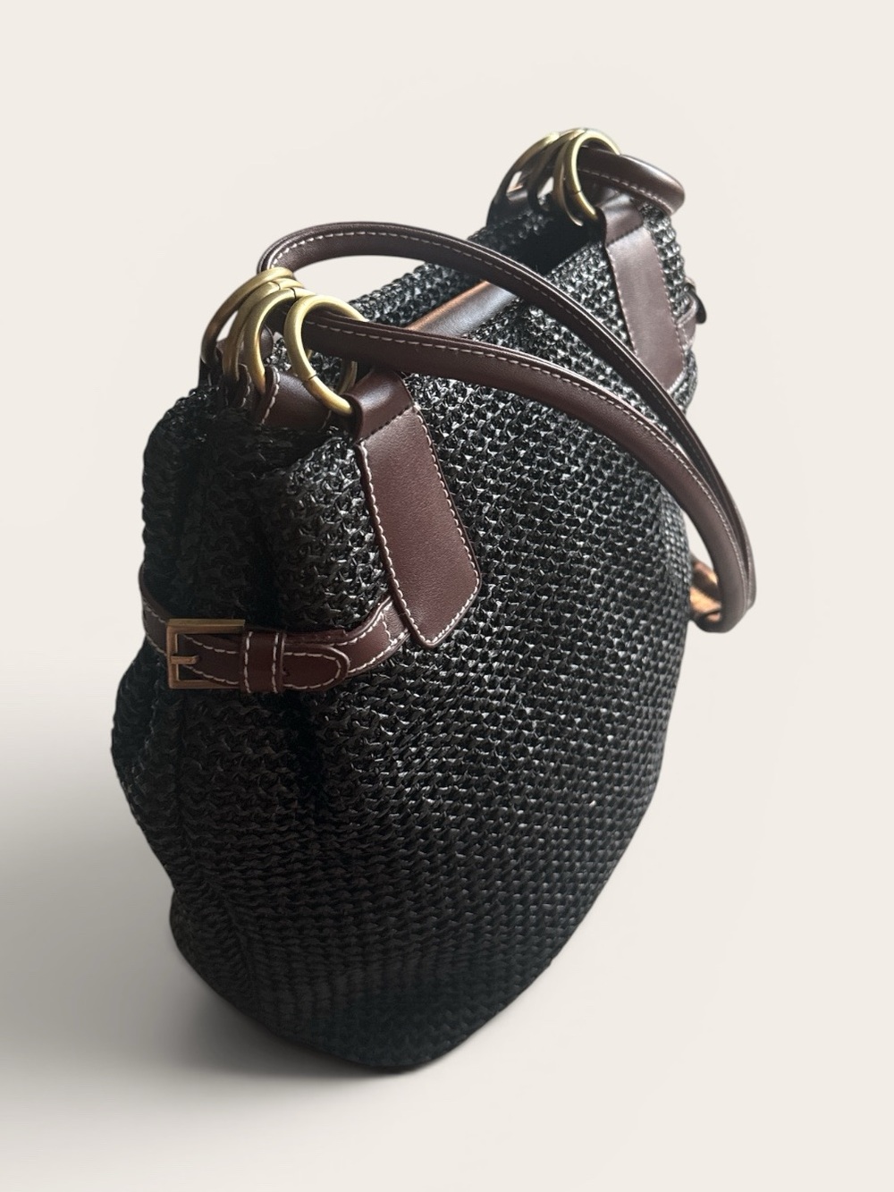 Studio Works Chic Black Woven Shoulder Bag Gold Hardware